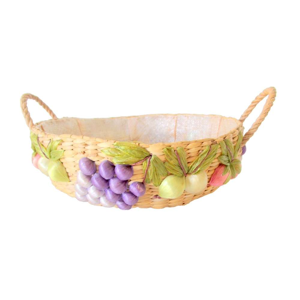 Vintage Raffia Woven Straw Basket Embroidered Fruit Grapes Handles Casserole